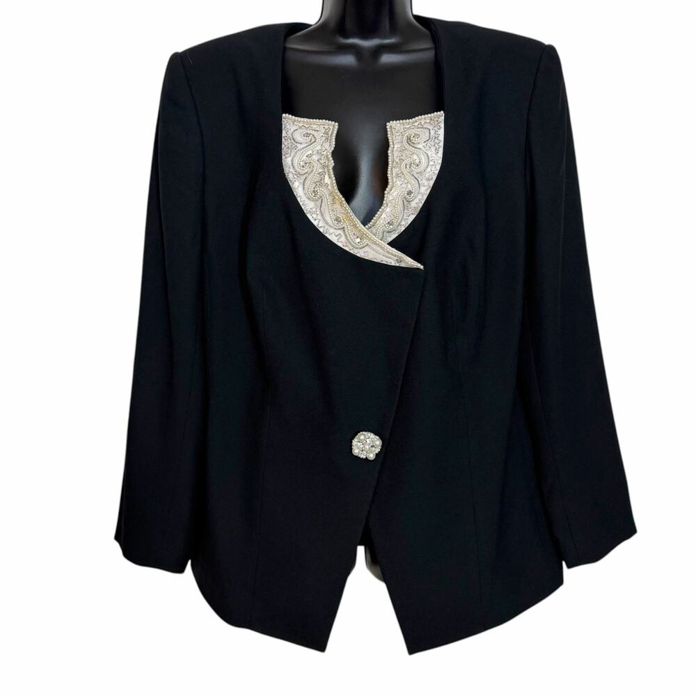 VINTAGE 80s 90s NAHDREE BLACK & WHITE BLAZER W SEQUIN ACCENTS 16W FORMAL DRESSY